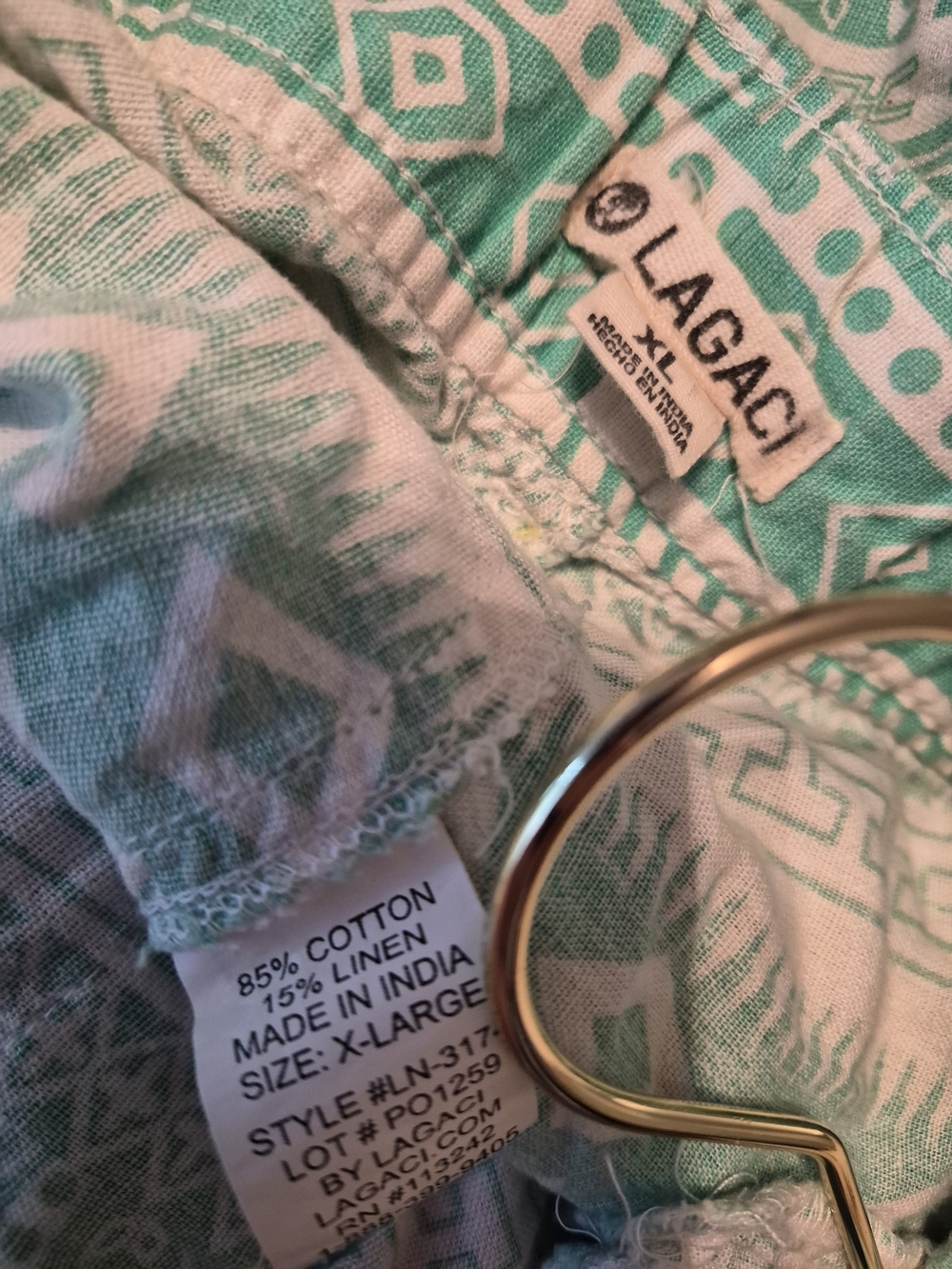 Lagaci Mint Green and White Printed Shorts with Drawstring Cotton Linen Size Xl - Picture 8 of 8